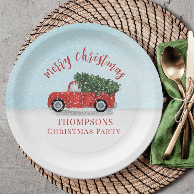 Assiettes En Carton Joyeux Noël Calligraphie Cute Russe Camion Rouge (Cute whimsical Christmas tree and rustic red truck winter scene paper plate. )