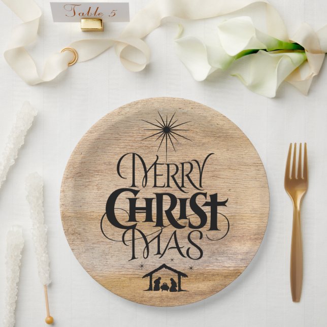 Assiettes En Carton Joyeux Noël Calligraphie religieuse Bois rustique (Mariage)