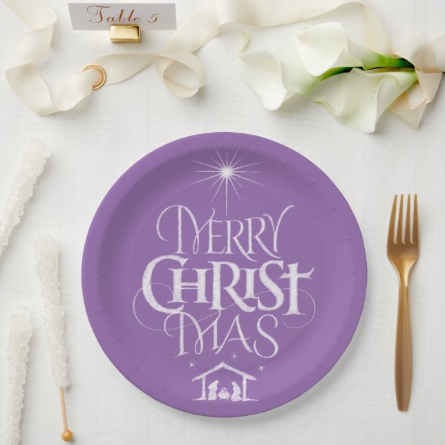 Assiettes En Carton Joyeux Noël Calligraphie Religieuse Chalk Purple (Mariage)
