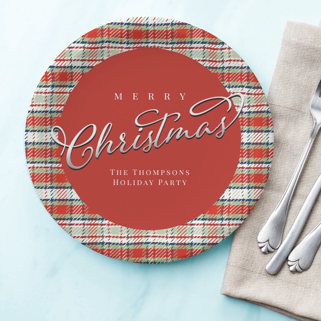 Assiettes En Carton Joyeux Noël Calligraphie Script mignon Rouge Plaid (Merry Christmas Red and Green Christmas paper plates. with cute calligraphy.)