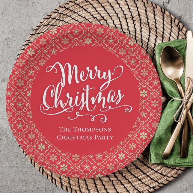 Assiettes En Carton Joyeux Noël Calligraphie Script Red Snowflake (Whimsical Merry Christmas white calligraphy script red paper plate. )