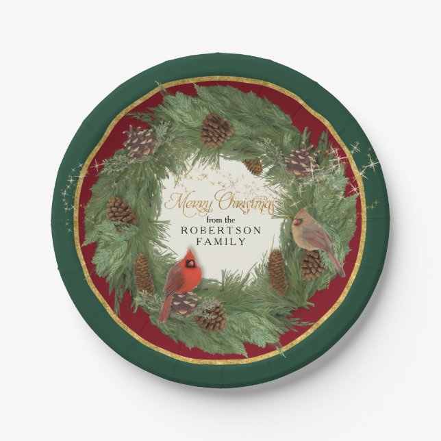 Assiettes En Carton Joyeux Noël Cardinaux Pine Cone Wreath (Devant)