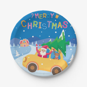 Assiettes En Carton Joyeux Noël Cartoon Père Noël Reindeer Car
