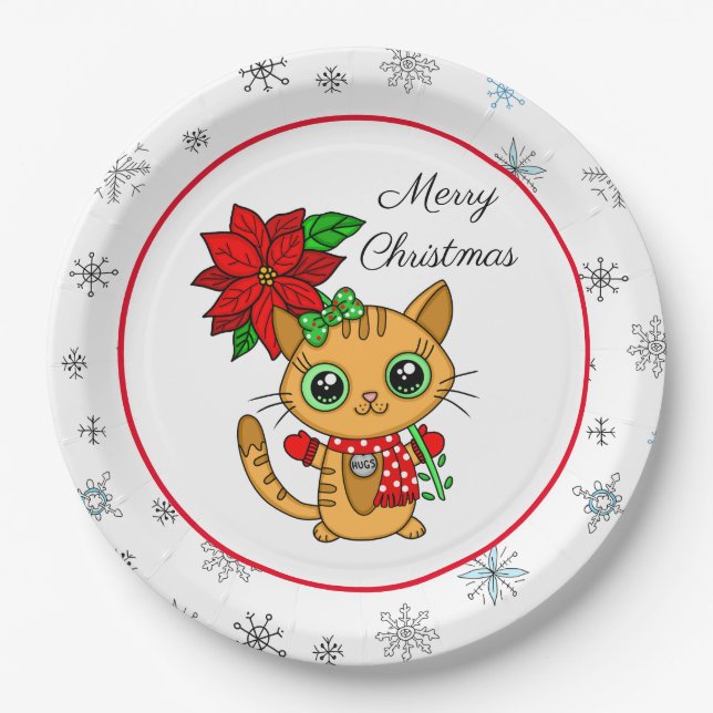 Assiettes En Carton Joyeux Noël | Chat orange avec Poinsettia (Devant)