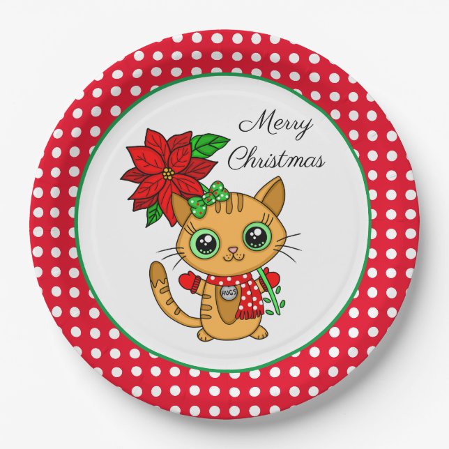 Assiettes En Carton Joyeux Noël | Chat orange avec Poinsettia (Devant)