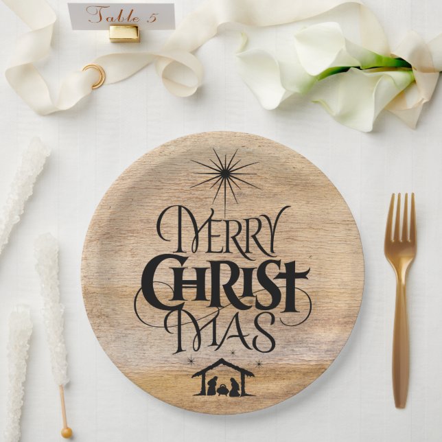Assiettes En Carton Joyeux Noël Christian Calligraphie Bois rustique (Mariage)