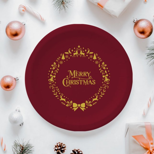 Assiettes En Carton Joyeux Noël Classique Fête Rouge (Merry Christmas Classic Red Holiday Paper Plates)