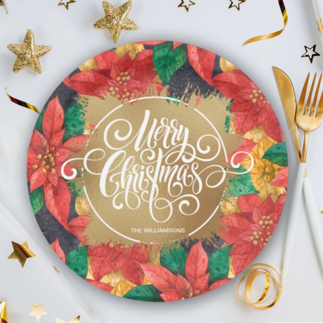 Assiettes En Carton Joyeux Noël d'or sur Poinsettias (Créateur téléchargé)
