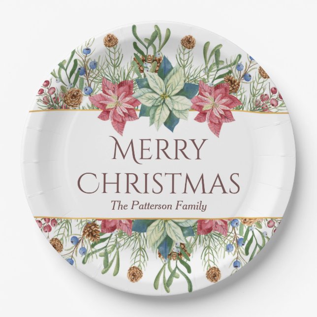 Assiettes En Carton Joyeux Noël Fleurs d'hiver à l'aquarelle Nom (Devant)