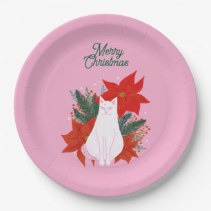 Assiettes En Carton Joyeux Noël Floral Chat