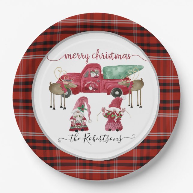 Assiettes En Carton Joyeux Noël Gnome Camion d'aquarelle rouge plaid (Devant)