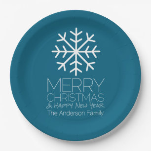 Assiettes En Carton Joyeux Noël moderne Flocon de neige d'hiver - bleu