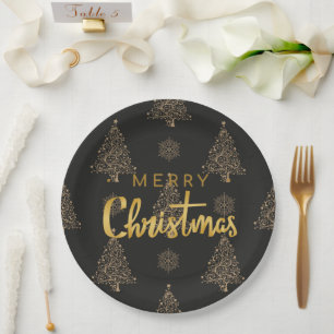 Assiettes En Carton Joyeux Noël, noir et or,