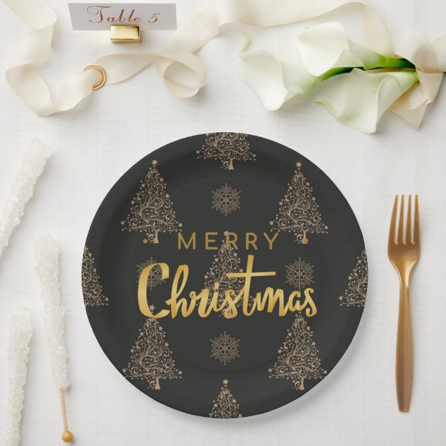 Assiettes En Carton Joyeux Noël, noir et or, (Mariage)