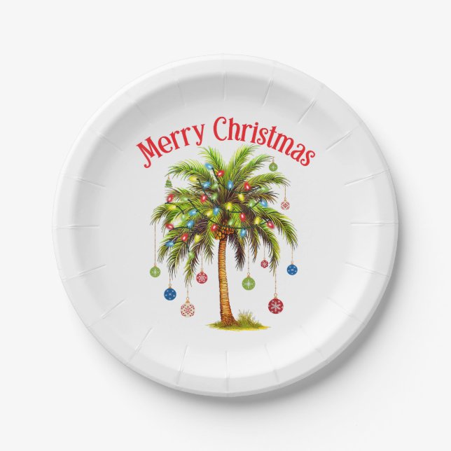 Assiettes En Carton Joyeux Noël Palm Tree Light Hawaiian Tropical (Devant)