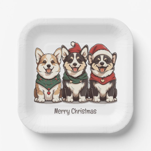 Assiettes En Carton Joyeux Noël Pembroke Welsh Corgi Chiens (Recto)