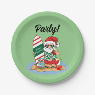 Assiettes En Carton Joyeux Noël Père Noël sur la plage de Surf d'été