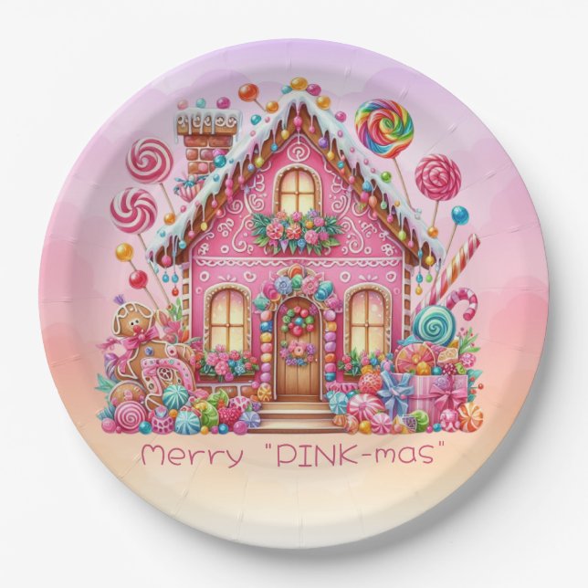 Assiettes En Carton Joyeux Noël PINK-mas Maison de Noël (Devant)