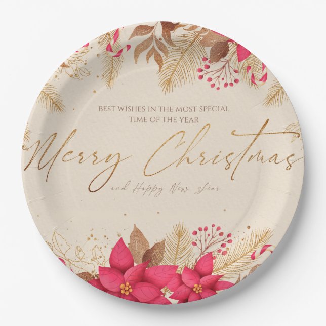 Assiettes En Carton Joyeux Noël Poinsettias (Devant)