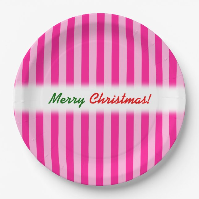 Assiettes En Carton "Joyeux Noël ! " ; Rayures rose-clair et (Devant)