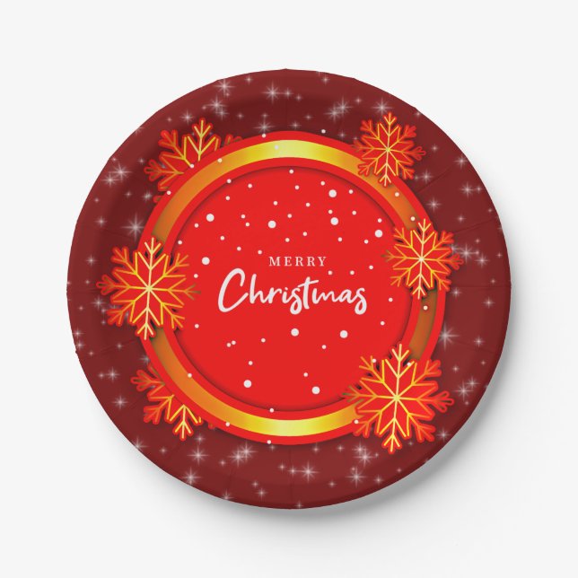 Assiettes En Carton Joyeux Noël Red Gold Snowflakes 7" (Devant)