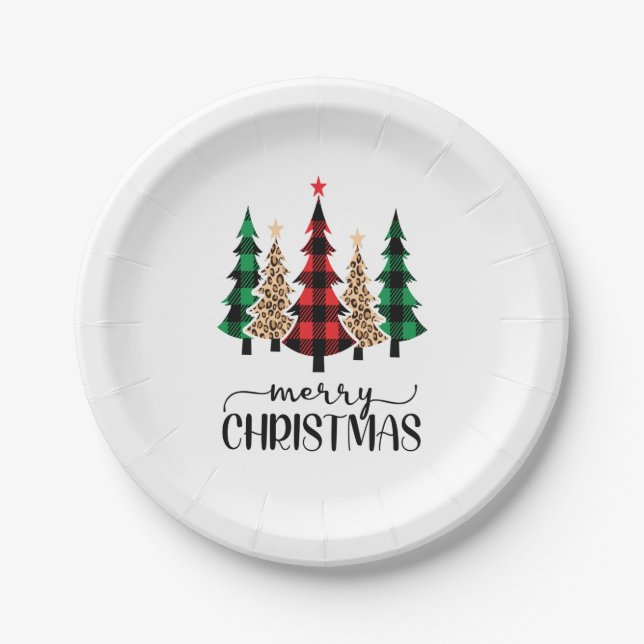 Assiettes En Carton Joyeux Noël Red Green Plaid Arbres (Devant)