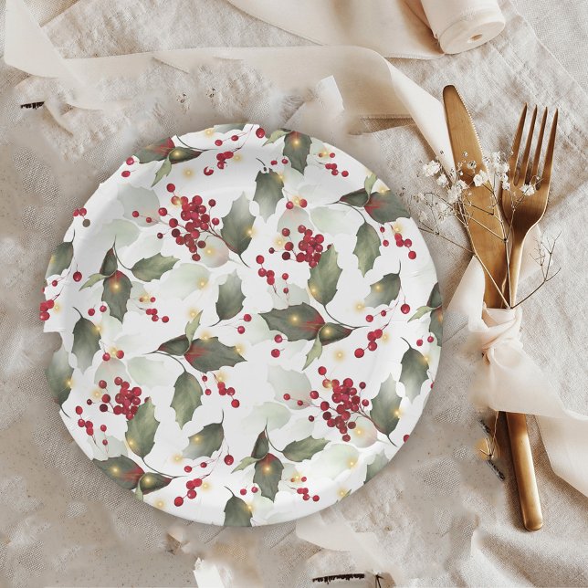 Assiettes En Carton Joyeux Noël Red Holly Berries Gold Lights (Créateur téléchargé)