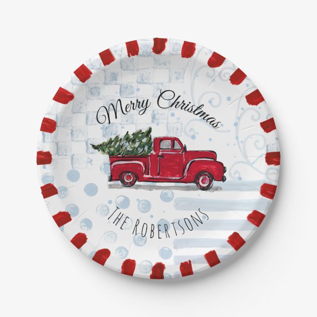 Assiettes En Carton Joyeux Noël Rouge Antique Camion Plaque papier (Devant)