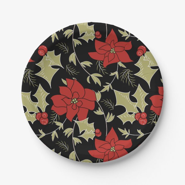 Assiettes En Carton Joyeux Noël rouge poinsettia vert eul (Devant)