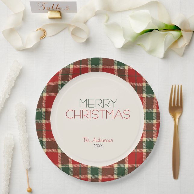 Assiettes En Carton Joyeux Noël Tartan Plaid Custom (Mariage)