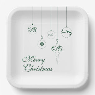 Assiettes En Carton Joyeux Noël Vert Monogramme Bauble Carré