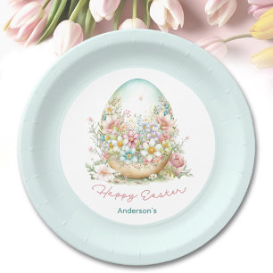 Assiettes En Carton Joyeux Oeuf Floral de Pâques bleu Nom personnalisé