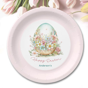 Assiettes En Carton Joyeux Oeuf Floral Pâques rose Nom personnalisé