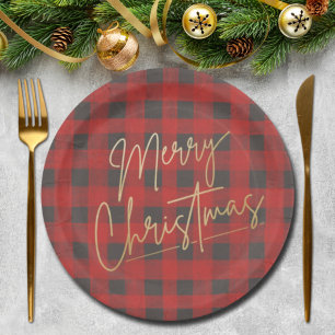 Assiettes En Carton Joyeux or Noël Rouge Buffle Plaid