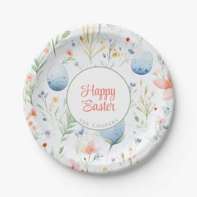 Assiettes En Carton Joyeux Pâques | Nom personnalisé | Floral (Devant)