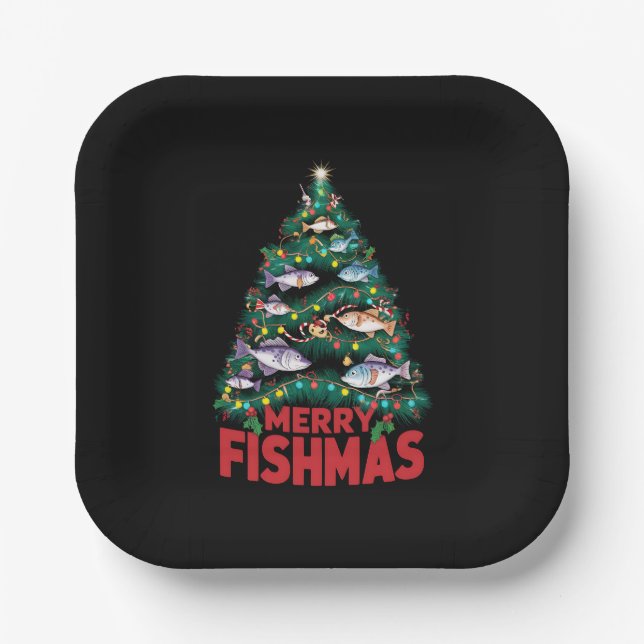 Assiettes En Carton Joyeux Poissons de Noël Lumières Poissons Pêche (Recto)