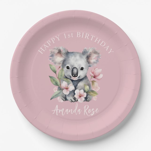 Assiettes En Carton Joyeux premier anniversaire aquarelle Koala (Devant)