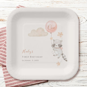 Assiettes En Carton Joyeux premier anniversaire Fille au ballon volant