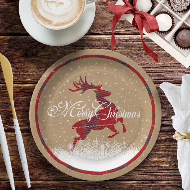 Assiettes En Carton Joyeux rennes de Noël Tartan Rouge/Kraft ID590 (Créateur téléchargé)