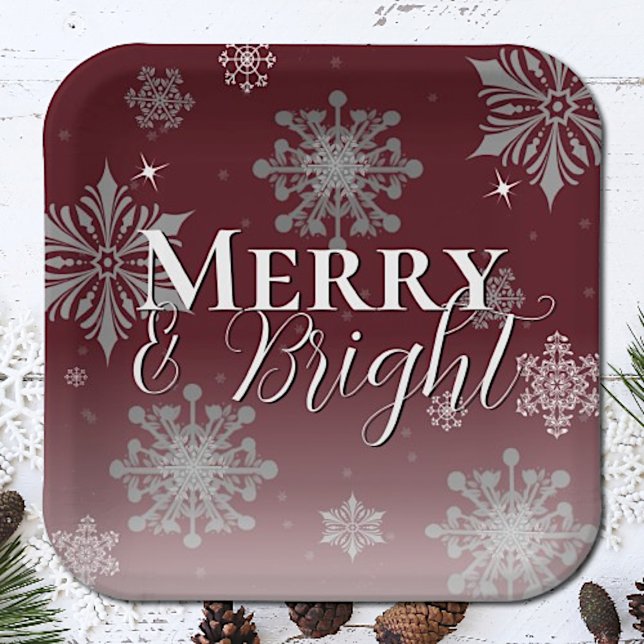 Assiettes En Carton Joyeux rouge et flocon de neige brillant Noël (Red Merry and Bright Snowflakes Christmas Paper Plates)