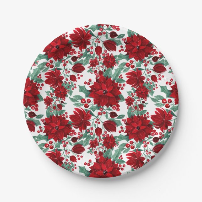 Assiettes En Carton Joyeux rouge Poinsettia Fleurs Feuilles ivoire Aqu (Devant)