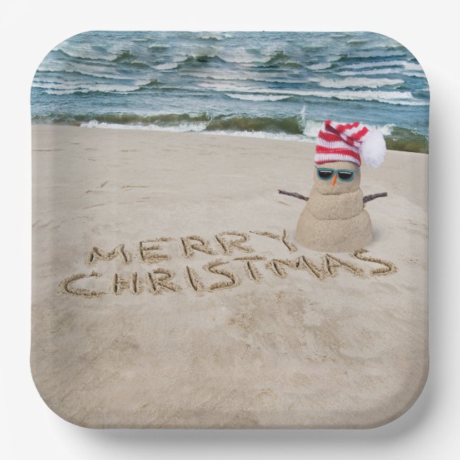 Assiettes En Carton Joyeux Sandman De Noël Sur La Plage (Recto)