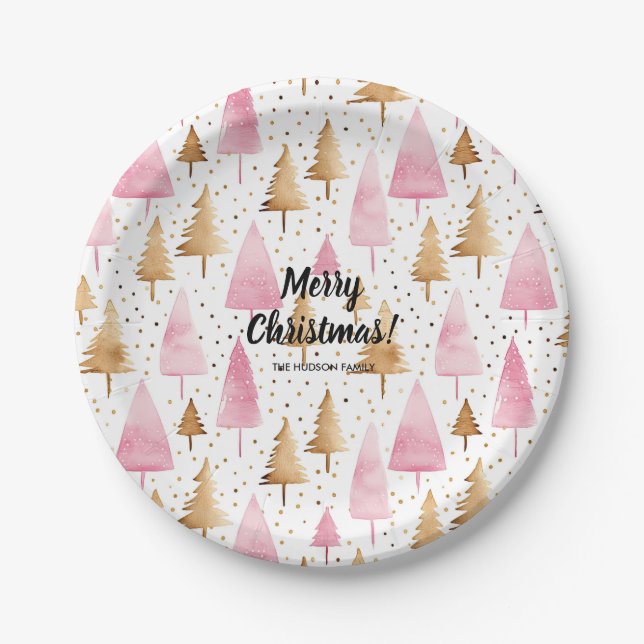 Assiettes En Carton Joyeux sapin rose or Noël (Devant)