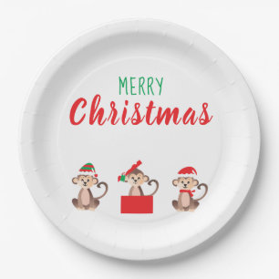 Assiettes En Carton Joyeux singes de Noël Casquettes de Noël
