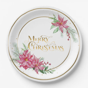 Assiettes En Carton Joyeux texte de Noël or avec Poinsettias et Pine