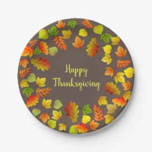 Assiettes En Carton Joyeux Thanksgiving Feuilles d'Automne sur Brun