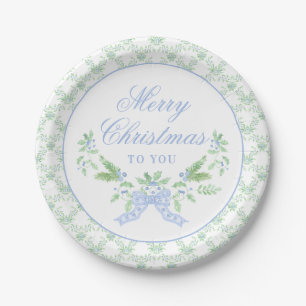 Assiettes En Carton Joyeux Trellis de Noël et Swag avec Bleu Bow