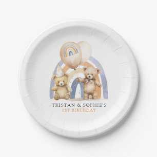 Assiettes En Carton Jumeaux 1er anniversaire Aquarelle Nounours