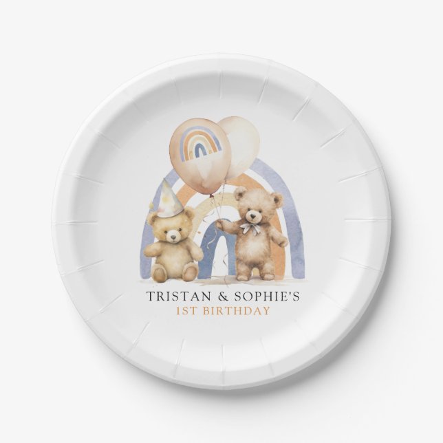 Assiettes En Carton Jumeaux 1er anniversaire Aquarelle Nounours (Devant)