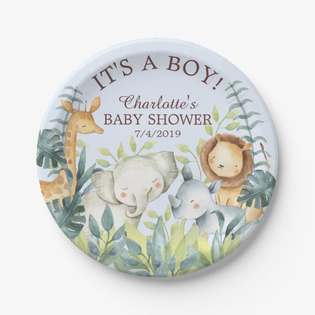 Assiettes En Carton Jungle Animaux Garçons Baby shower 7" Plaque (Devant)